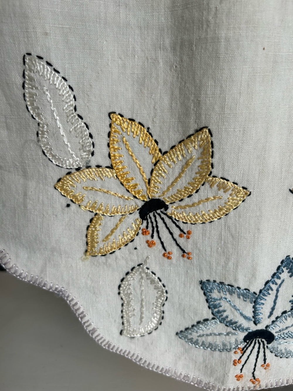 Vintage Cream Linen Floral Hand Embroidered Runner with Yellow and Blue Accents